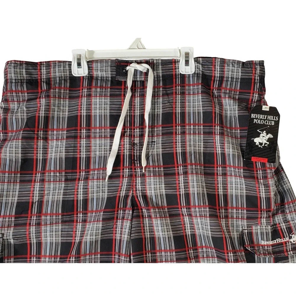 Beverly Hills Polo Club Mens XXL‎ Plaid Cargo Swim Trunks Black Red M702999 NWT